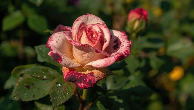 Fungal infection Diplocarpon rosae affecting rose leaves with black spots in garden setting - Powered by Adobe