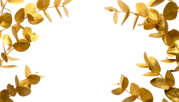 Golden leaves frame a dark background. Top and bottom corners are adorned. Elegant, shiny, nature-inspired composition