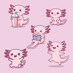 Obraz premium Cute Cartoon Axolotls in Various Fun Poses – Vector Illustration of Whimsical Aquatic Characters