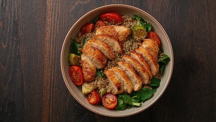 Rustic dark background featuring a bowl of nutritious quinoa topped with grilled chicken and fresh vegetables