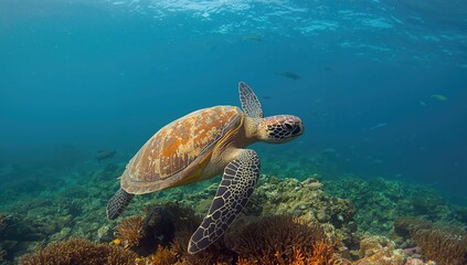 A sea turtle drifts gracefully in transparent waters.