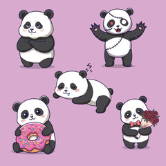 Cute Cartoon Pandas in Various Fun Poses and Expressions – Vector Illustration of Whimsical Animal Characters