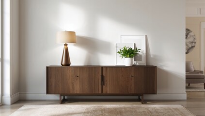 Elegant console table featuring lamp and decorations against a white interior wall
