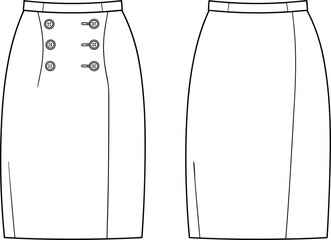 Women’s pencil skirt vector illustration, fashion CAD technical flat sketch, high‑waisted double‑breasted button detail skirt with front straps and back seam design