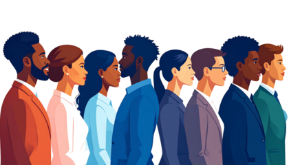 Diverse people, illustrated in simple shapes, face right, in formal attire, against a black background