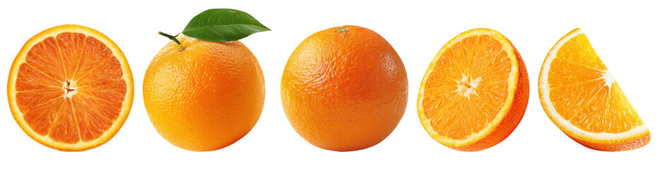 Set isolated fresh fruit, orange in various style, on transparent background.