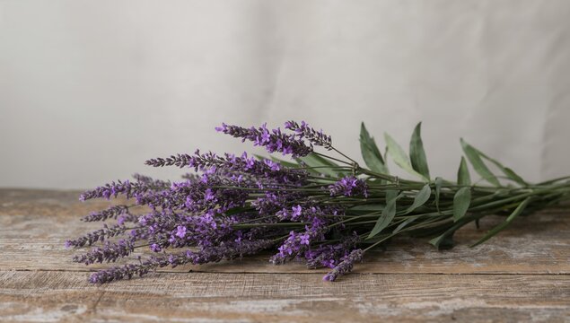 Purple lavender sprigs laid out on rustic wood surface, natural floral theme, isolated beauty with green accents