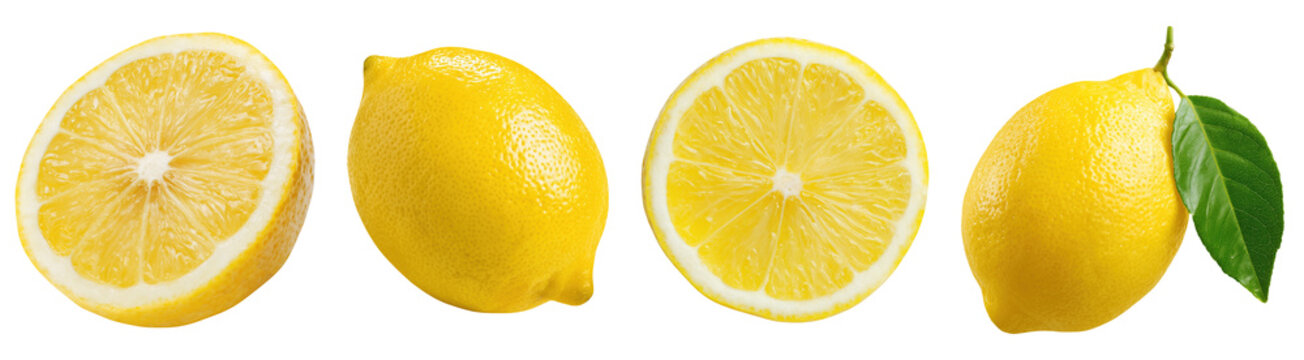 Set isolated fresh fruit, lemon in various style, on transparent background.