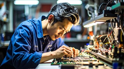 A dedicated young professional meticulously works on a circuit board, showcasing precision and expertise in a high-tech electronics workshop setting