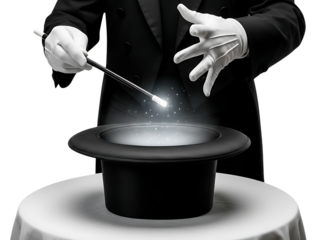 Magician holding wand over top hat isolated on transparent background