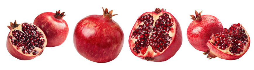 Set isolated fresh fruit, pomegranate in various style, on transparent background.
