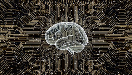 Circuit board design encircling a brain with a technological backdrop. Digital blend, layered exposure, AI, connectivity, tech, and server network theme.