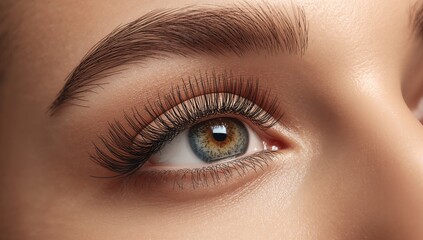 Obraz premium Procedure for Applying Eyelash Extensions. Close-up of a Woman's Eye with Lengthened Lashes. Macro Shot with Selective Focus on Eyelashes.