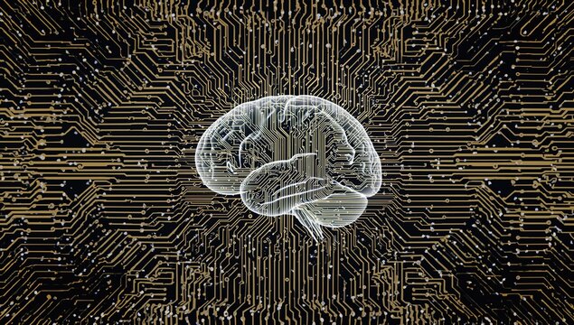Circuit board design encircling a brain with a technological backdrop. Digital blend, layered exposure, AI, connectivity, tech, and server network theme.