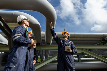 Team of industrial engineers wearing safety helmets using tablet and walkie-talkie at construction site, representing teamwork, engineering planning, refinery inspection and site supervision.