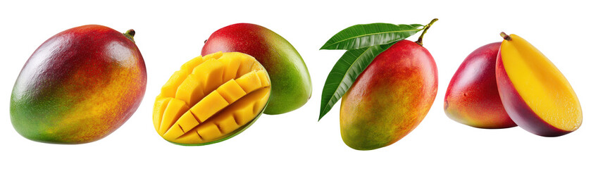 Set isolated fresh fruit, mango in various style, on transparent background.