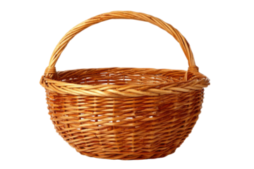Wicker basket with curved handle isolated on black background woven brown, Isolated On Transparent Background, Png Cut Out
