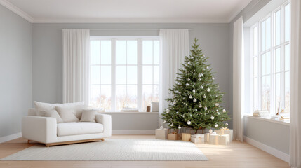 Serene living room interior with Christmas tree, armchair, window, and gift. bright, cozy, and festive home scene creates peaceful holiday mood for happy celebration