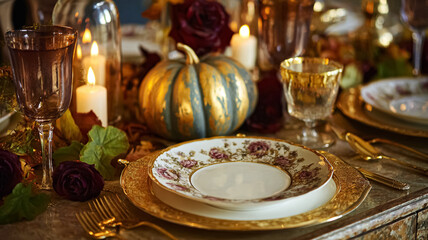 Naklejka premium Seasonal decor with pumpkin, natural element, styled ornament and home detail arranged in an autumn setting with warm tone, classic design idea and elegant seasonal