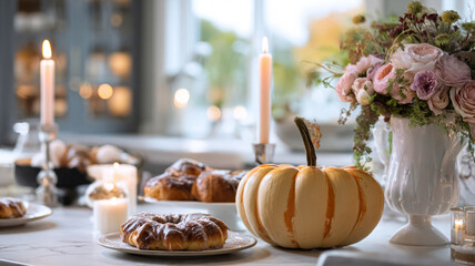 Obraz premium Seasonal decor with pumpkin, natural element, styled ornament and home detail arranged in an autumn setting with warm tone, classic design idea and elegant seasonal