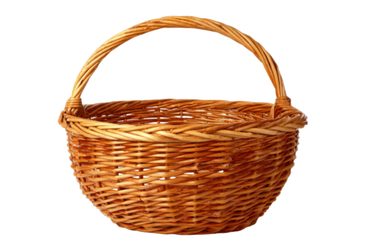 Wicker basket with curved handle isolated on black background woven brown, Isolated On Transparent Background, Png Cut Out