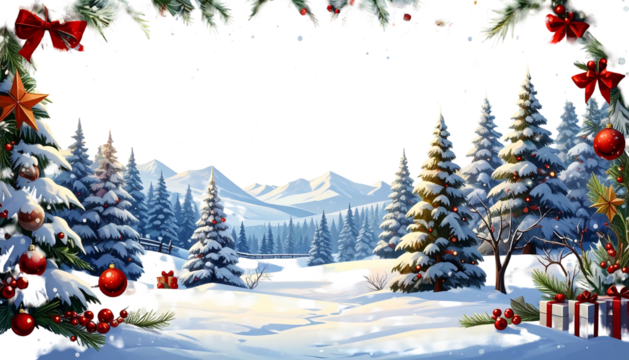Snowy winter landscape with evergreen trees, red ornaments, and gift boxes, framed by decorative branches
