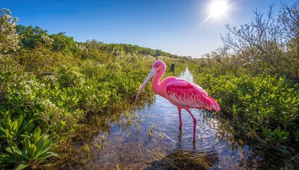 Colorful roseate spoonbill wading in a natural wetland habitat