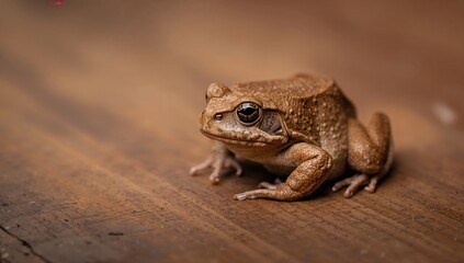 Close-up of a brown toad perched on a wooden surface