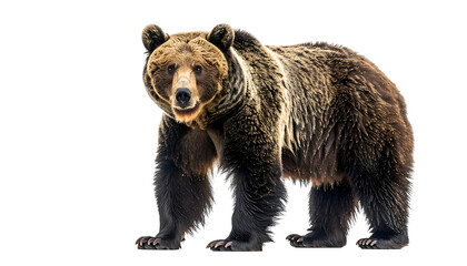 Majestic brown bear with detailed fur, facing forward on a black background, showcasing its size and powerful build
