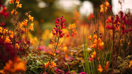 Garden view with path, foliage, pot, bench, hedge and leaf under autumn light, suitable for outdoor lifestyle, real estate, seasonal decor, countryside home or exterior styling reference