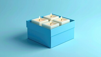Four lit square candles nestled in a blue square box, all against a light blue background