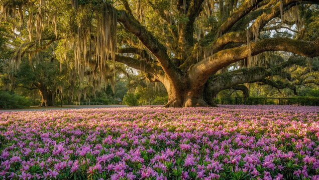 Azalea Blossoms Flourishing Amidst Live Oaks and Hanging Moss in a Southern Coastal Region