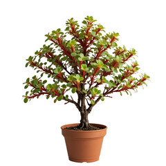 Bonsai style tree with green leaves and red stems in a brown pot isolated on black Transparent background
