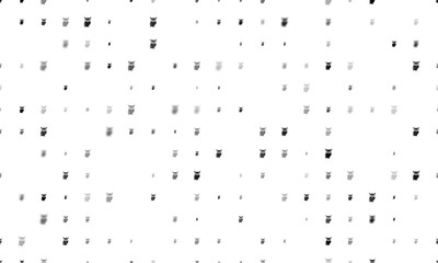Seamless background pattern of evenly spaced black owl symbols of different sizes and opacity. Illustration on transparent background