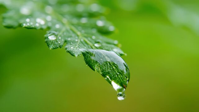 Dewdrop hangs from green leaf, reflecting surroundings. Several water droplets cling to the jagged edge of the leaf. Blurred background