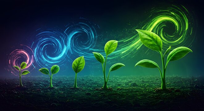 Vibrant digital art depicting plant growth stages with swirling energy, symbolizing progress and natural evolution