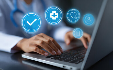 Doctor using medical technology for online healthcare, managing electronic patient record through virtual system, concept of health insurance approval and quality care