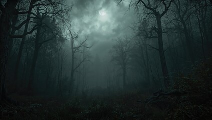 The dense forest appeared eerie and desolate under the overcast sky. Created with generative AI tools