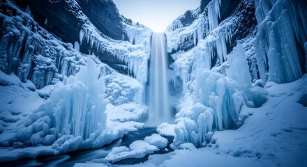 Majestic winter waterfall cascading down icy cliffs in a serene landscape