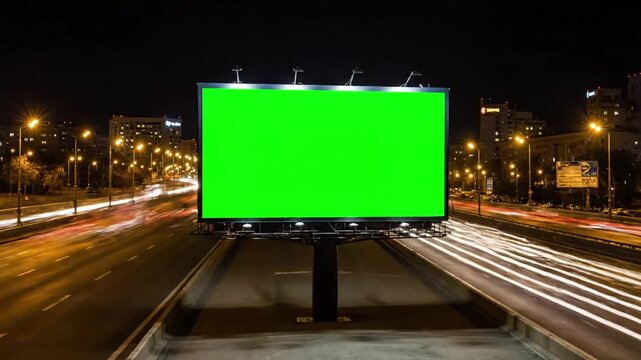 Green Screen Billboard on Busy Highway with modern a traffic neon lights timelapse of at night moscow russia distortion, overlay, glitch, static noise, scan lines black background, 4k animated video