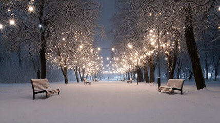 Magical winter night in snowy park alley with lit trees. serene scene features path between two benches, creating peaceful and festive holiday atmosphere