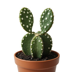 Green Bunny Ears Cactus With White Polka Dots In A Brown Pot Against A Transparent Background