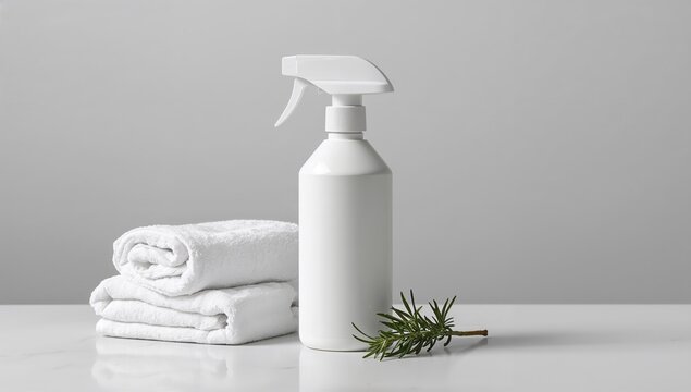 Mockup of a white cosmetic trigger spray bottle accompanied by towels and a sprig of rosemary on a surface.