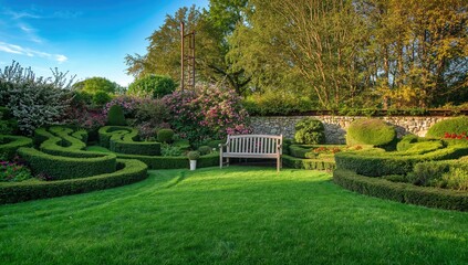 Wooden bench surrounded by garden shrubs