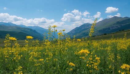 Yellow blossoms of rapeseed in a meadow