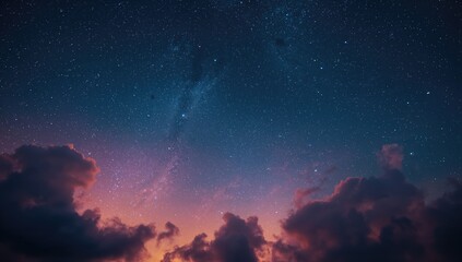 Naklejka premium A vibrant orange sunset under a deep blue sky filled with stars and clouds, created with generative AI tools