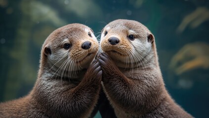Obraz premium Adorable marine otters grasping paws