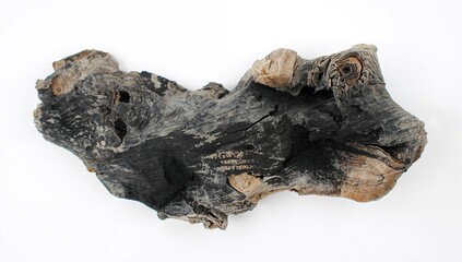 A fragment of aged driftwood isolated on a white backdrop
