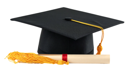 Graduation A mortarboard hat with a golden tassel sits above a rolled diploma tied with a red ribbon