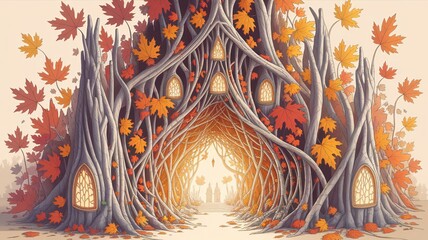 Enchanted Autumnal Treehouse Portal with Glowing Lights and Falling Leaves.